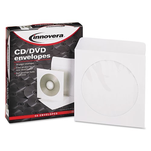 Innovera 39403 CD/DVD Envelopes, Clear Window, 1 Disc Capacity, White, 50/Pack
