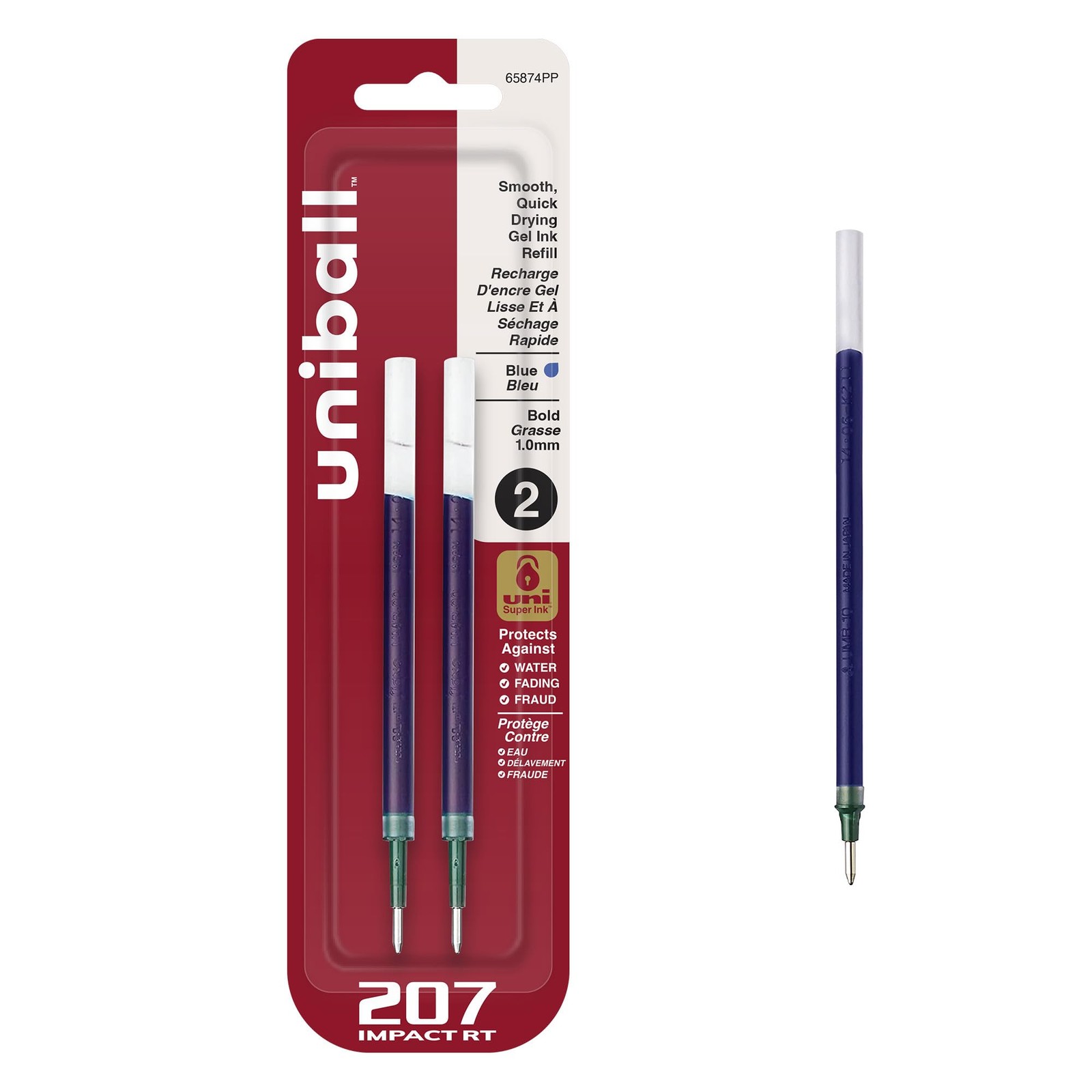 uniball 207 Impact RT Gel Pen Refills, Bold Point 1 Count (Pack of 2), Blue