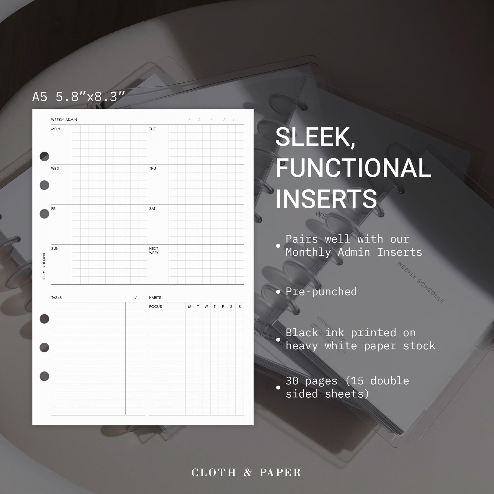 Weekly Admin Planner Inserts | A5 Size 5.8 x 8.3 Inches | 6 Ring Punch | Mond…