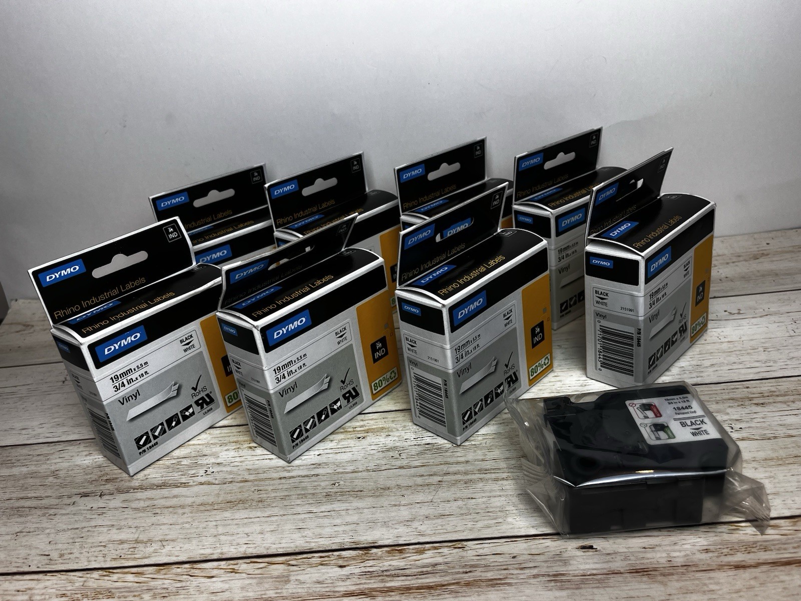 8-DYMO GENUINE Rhino IND Industrial Vinyl Label Black on White 19mm NEW Lot 3/4”