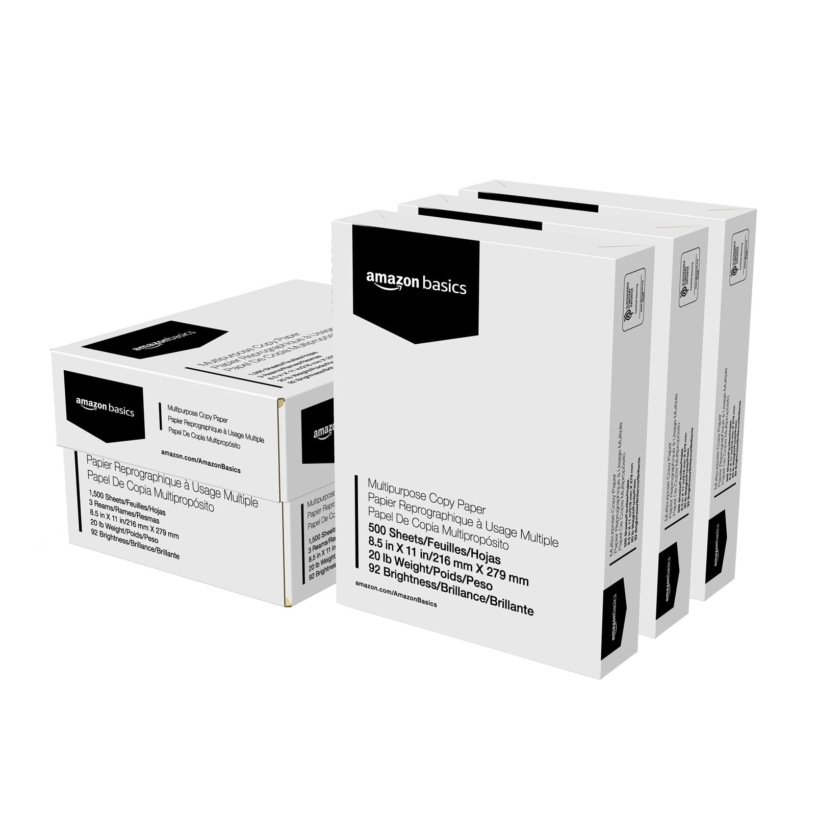 Amazon Basics Multipurpose Copy Printer Paper, 3 Reams | 1500 Sheets, White