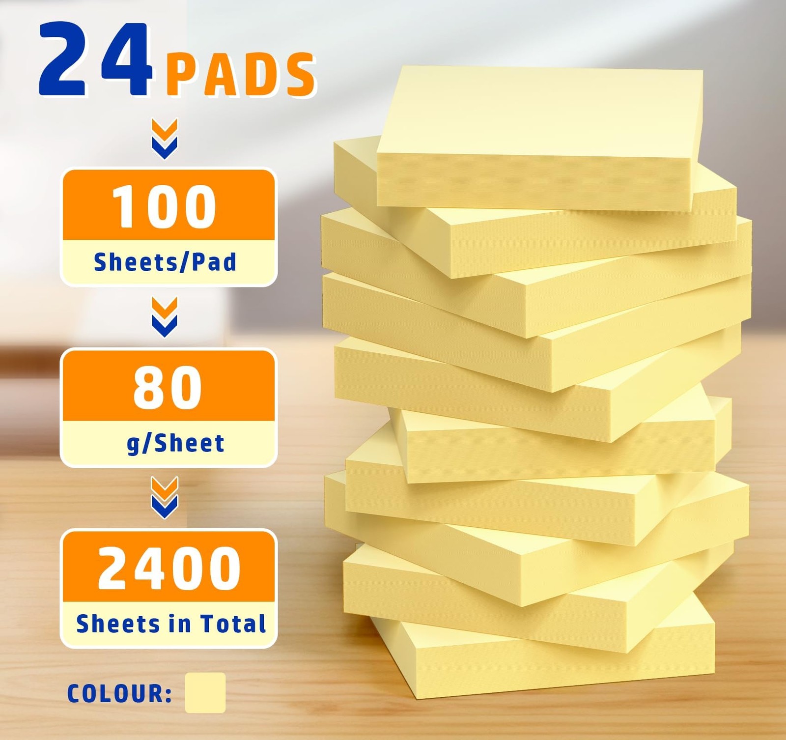 Sticky Notes Yellow 24 Pack 2×2 in 2400 pcs Strong Self-Adhesive Clean Removal