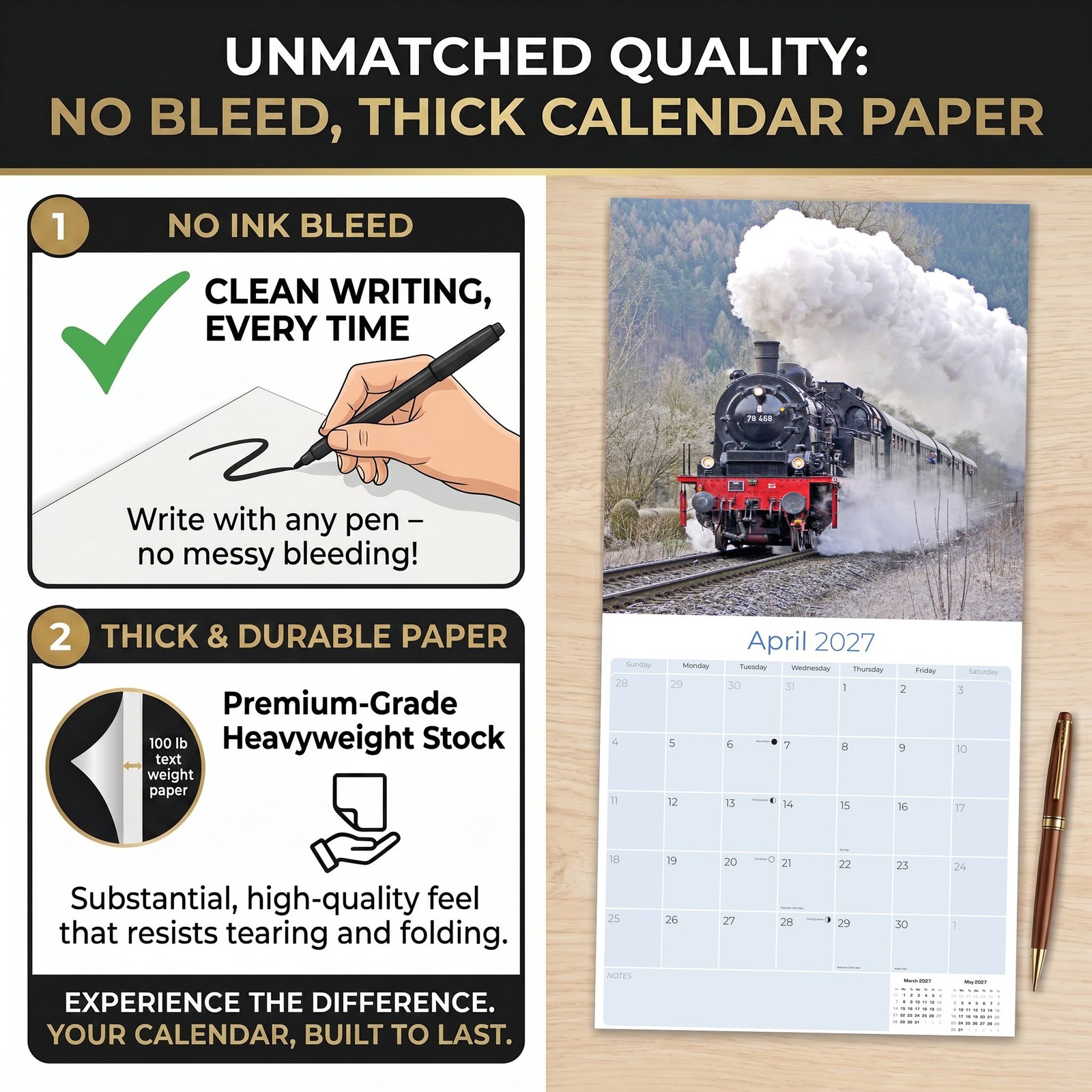 Steam Trains Calendar 2025 FULL SIZE 12×24 Made in USA