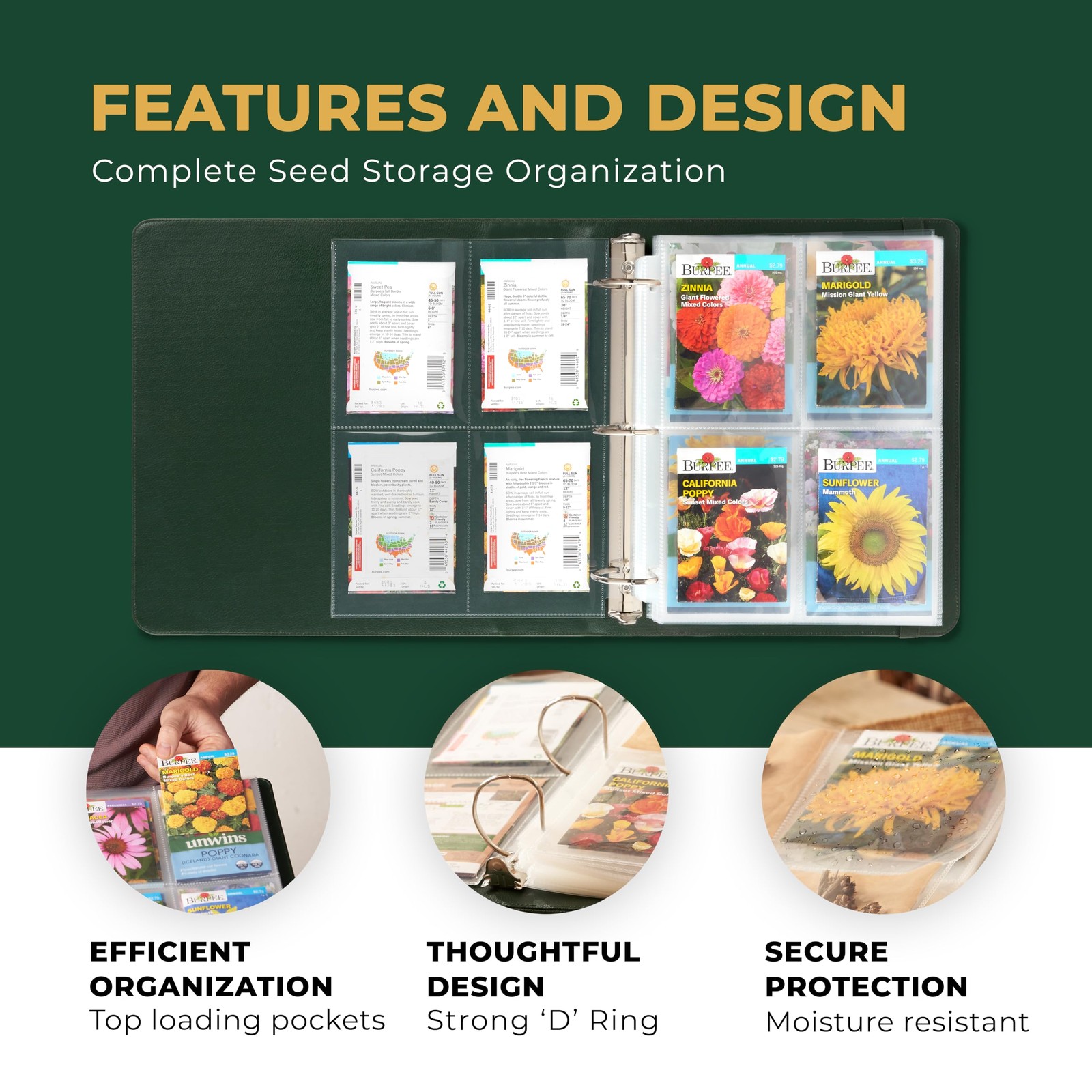 Seed Storage Organizer Binder – Packet 4×5.5 inches (pockets), GREEN