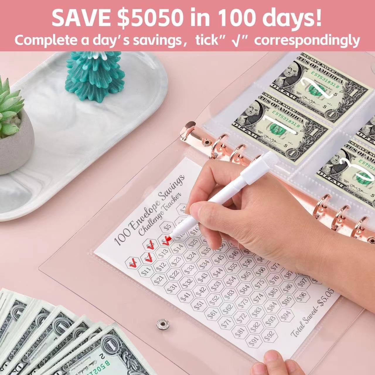 100 Envelopes Money Saving Challenge Binder Budget Book to Save $5050 Case