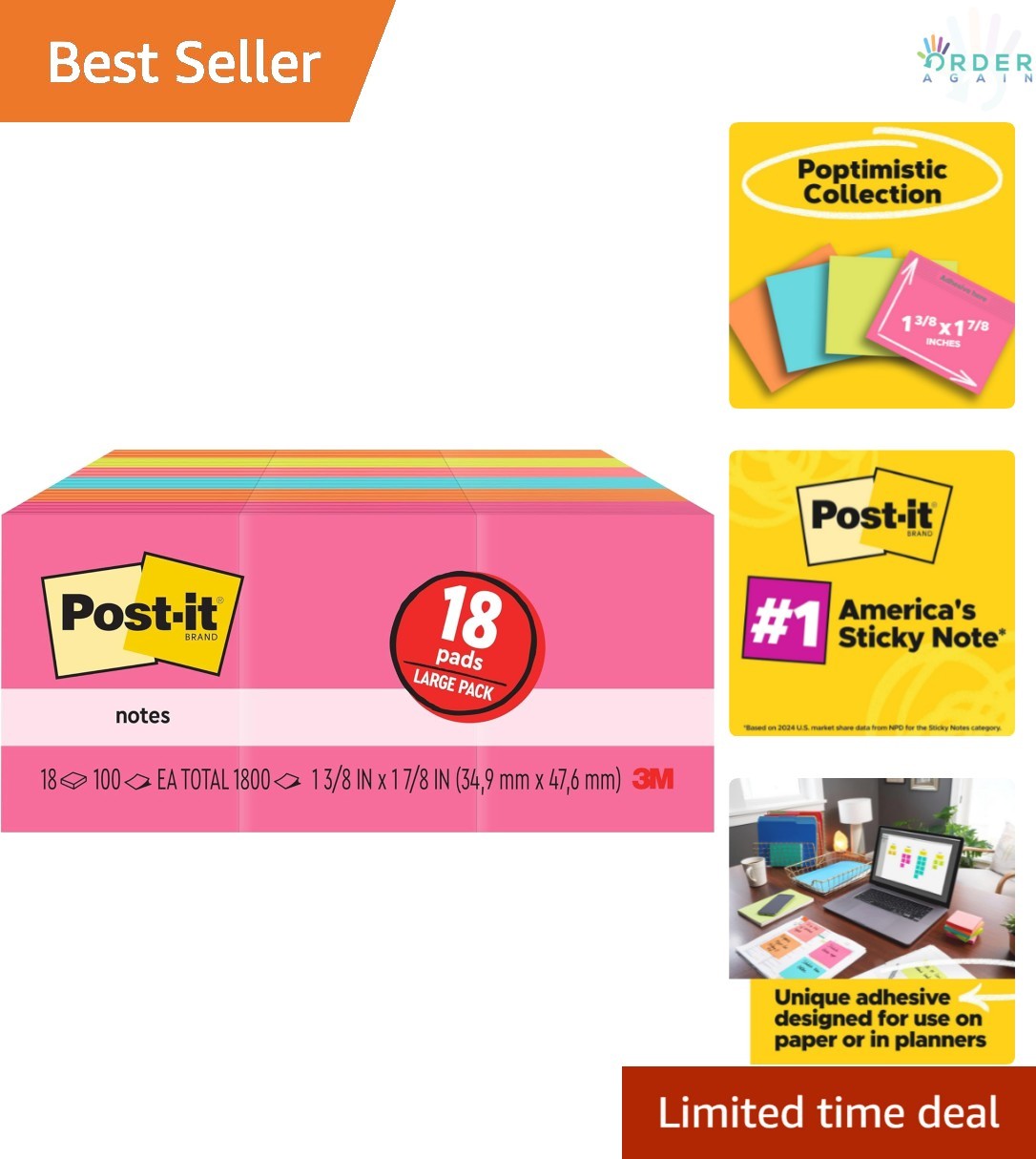 Mini Sticky Notes Recyclable Bright Colors 18 Pads for Office Classroom