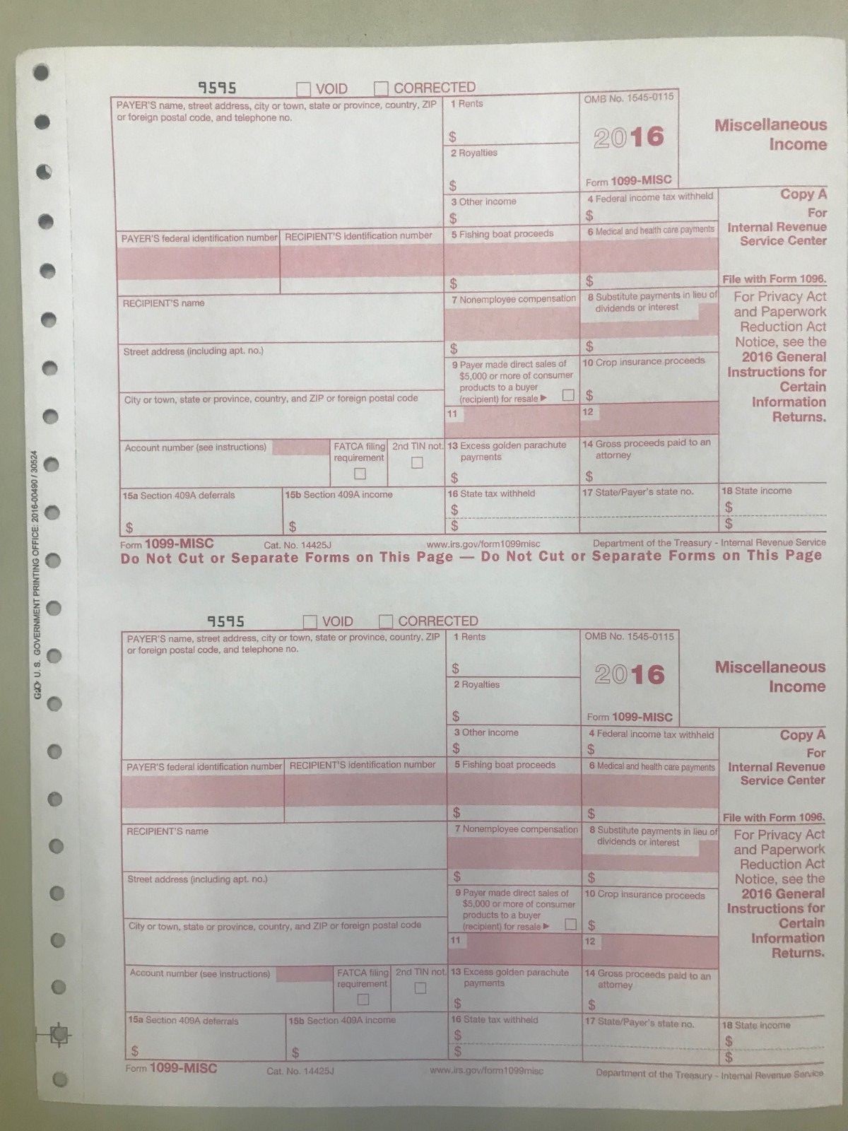 (4) 2016 IRS TAX FORMS 1099-MISC (4) Recipients) + 1 FORMS 1096