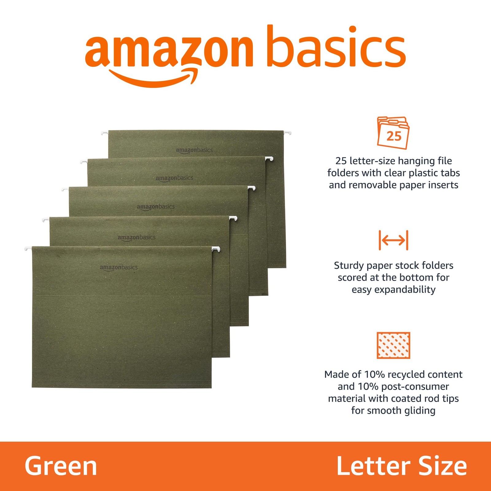 Amazon Basics Hanging File Folders with Adjustable Tabs, 25 Pack, Green