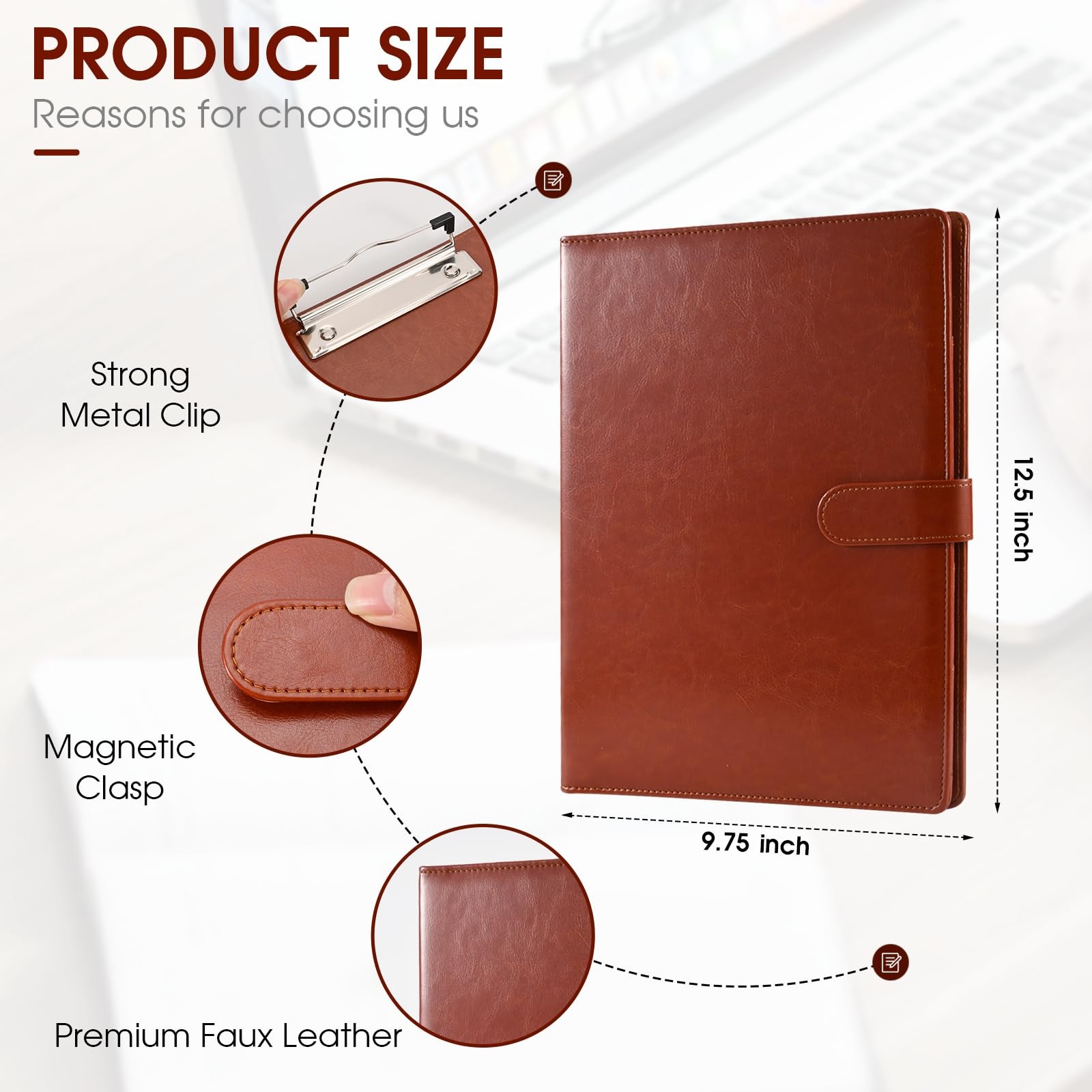 Professional Portfolio Binder with Clipboard, Faux Leather Extra large, Brown