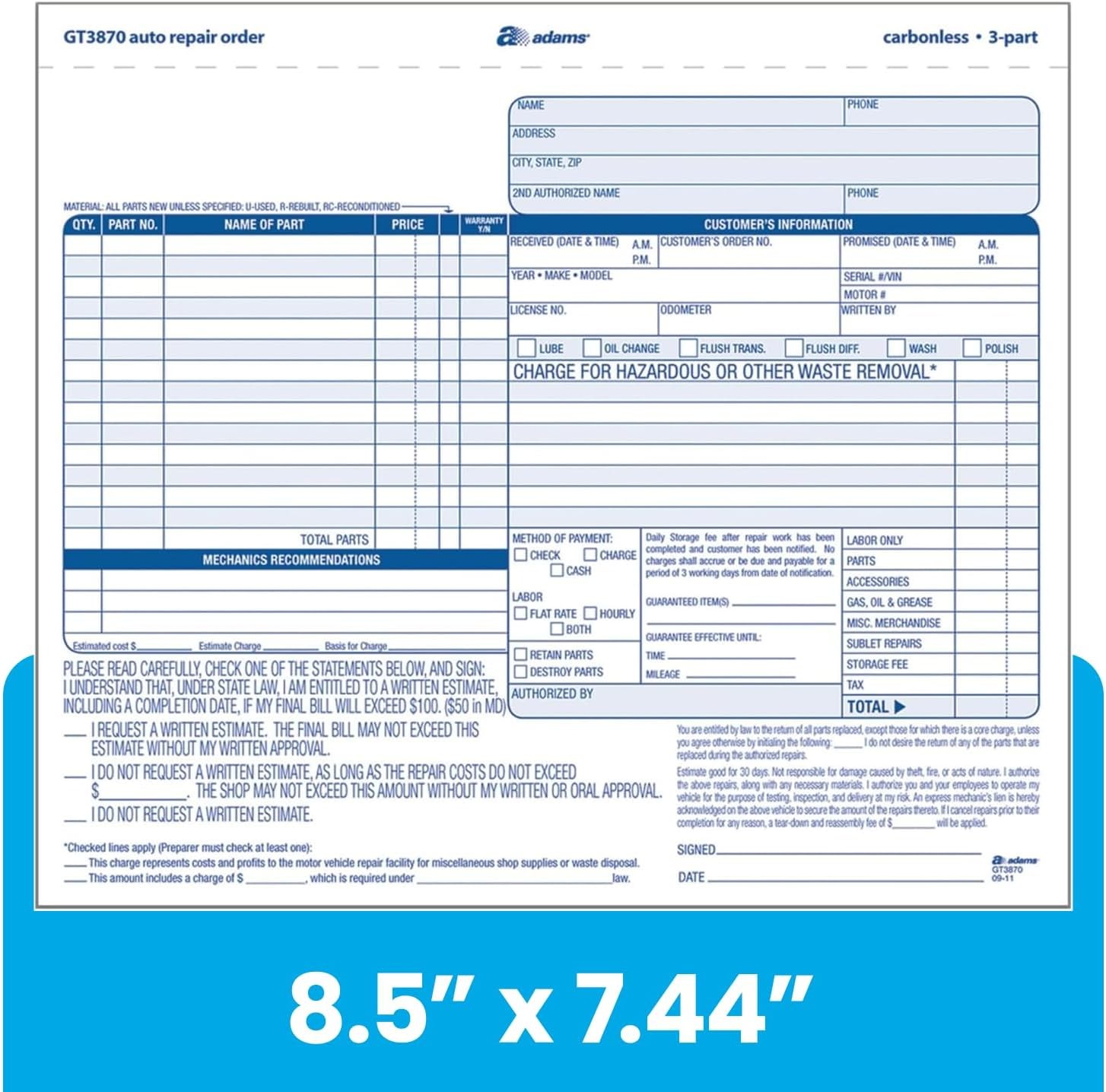 Adams 3-Part Carbonless Auto Repairs Book 8.5″L x 7.44″W 50 Forms/Book 301630