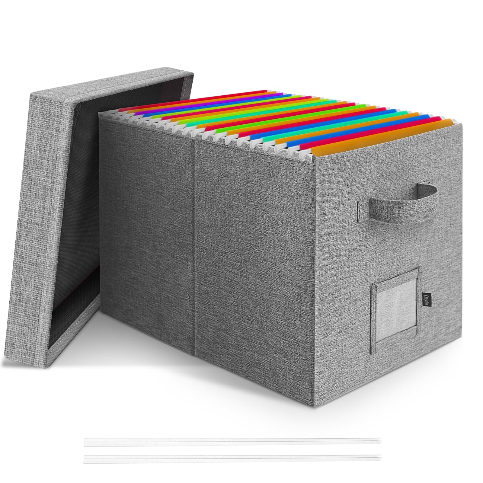 File Organizer Box with Lid, Linen Hanging File Storage Box with Handle, Coll…