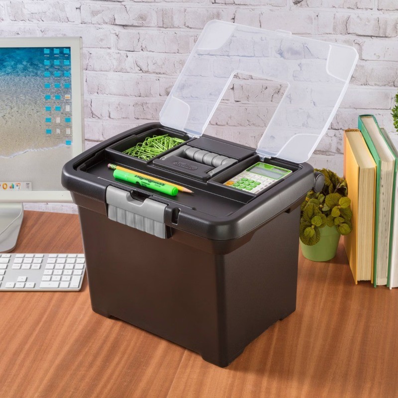 Medium Letter File Box Black: Plastic File Organizer with Handle & Clear Cover