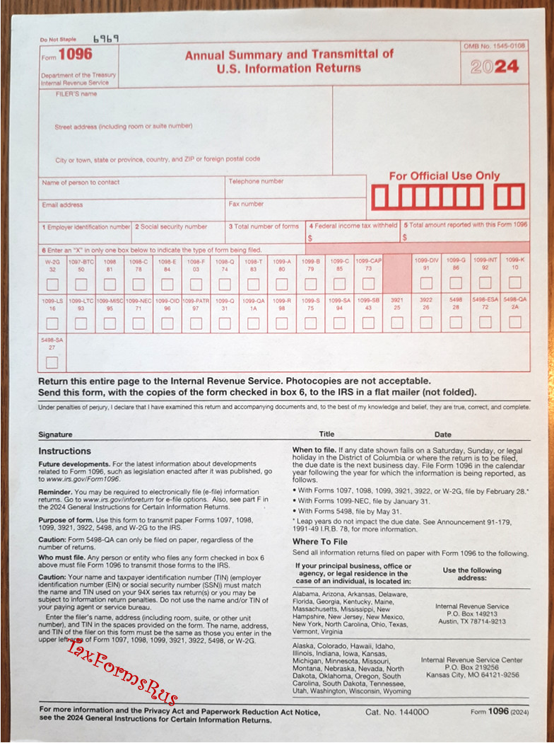 2024 IRS Tax Form 1096 Annual Summary and Transmittal (for 1099’s to IRS)