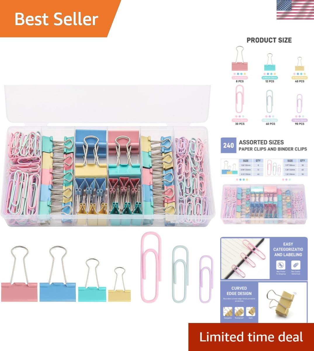 240PCS Colored Assorted Size Paper Clips and Binder Clips, Paperclips Large M…