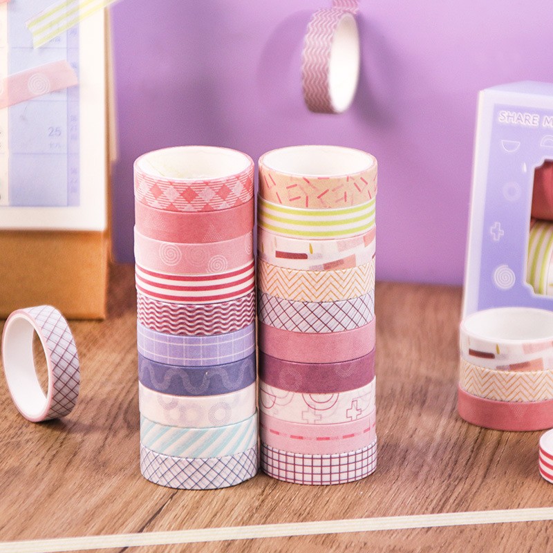 Hand Account Tape Set 20 Roll Box Set Macaron Solid Color Vintage and Paper Tape