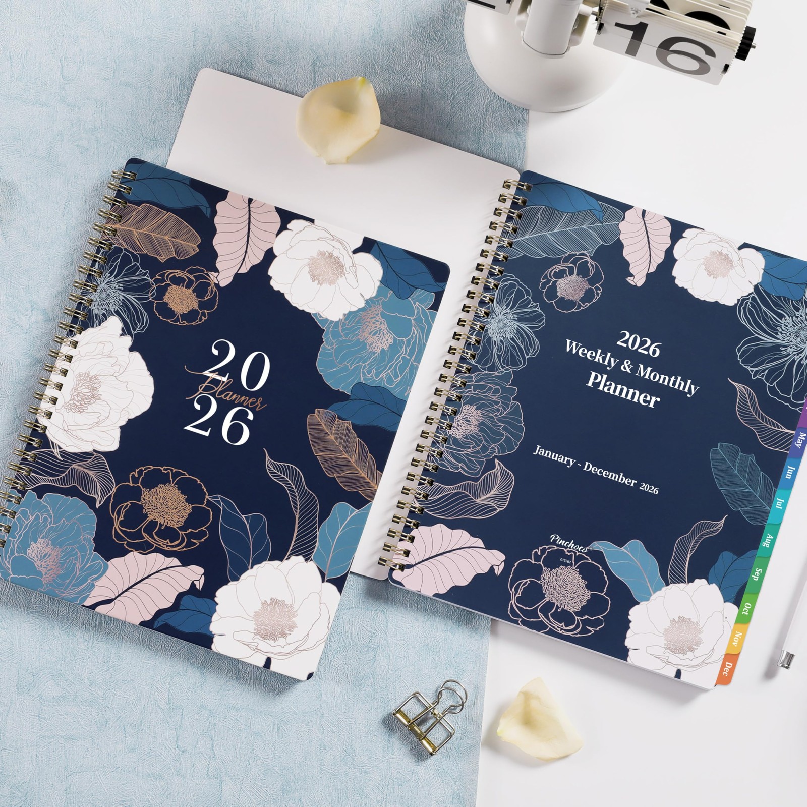 2026 Planner 9×11 Inches, Weekly Monthly Layout, Floral Cover, Blue