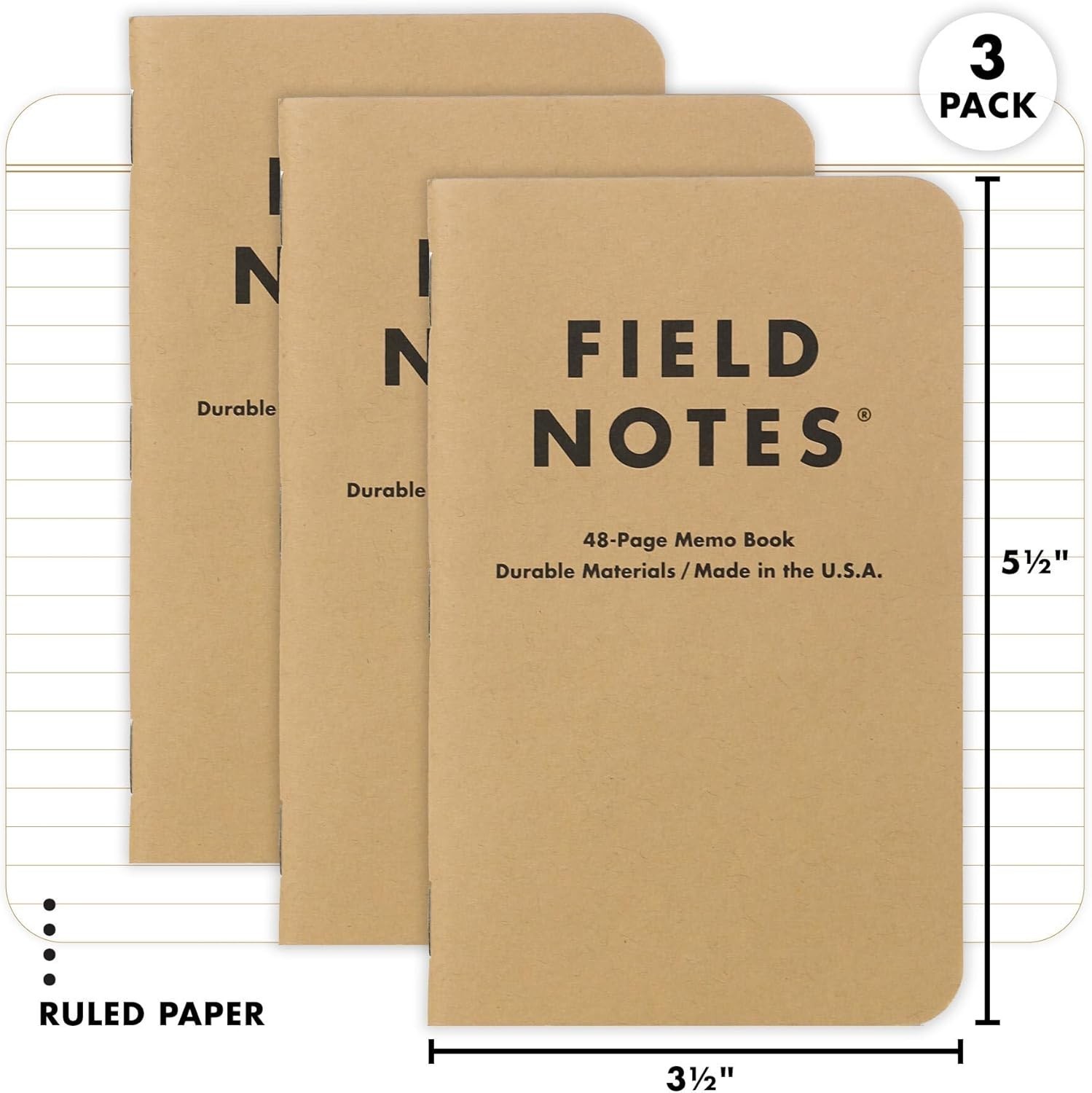 Kraft 3-Pack – Ruled Paper Memo Books – Lined 48 Page Pocket Notebooks – 3.5″…