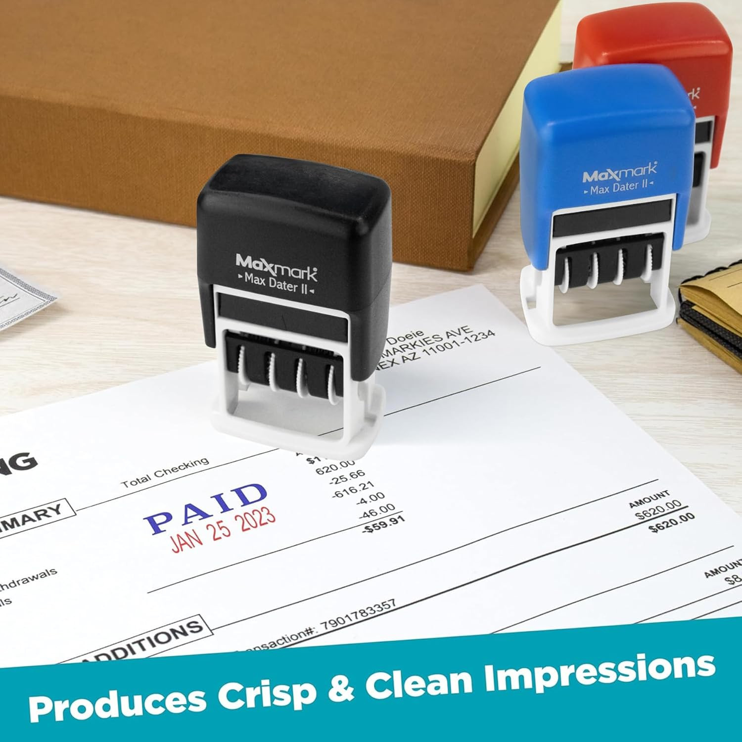Self-Inking Rubber Date Office Stamp with Paid Phrase & Date – RED Ink (Max Date