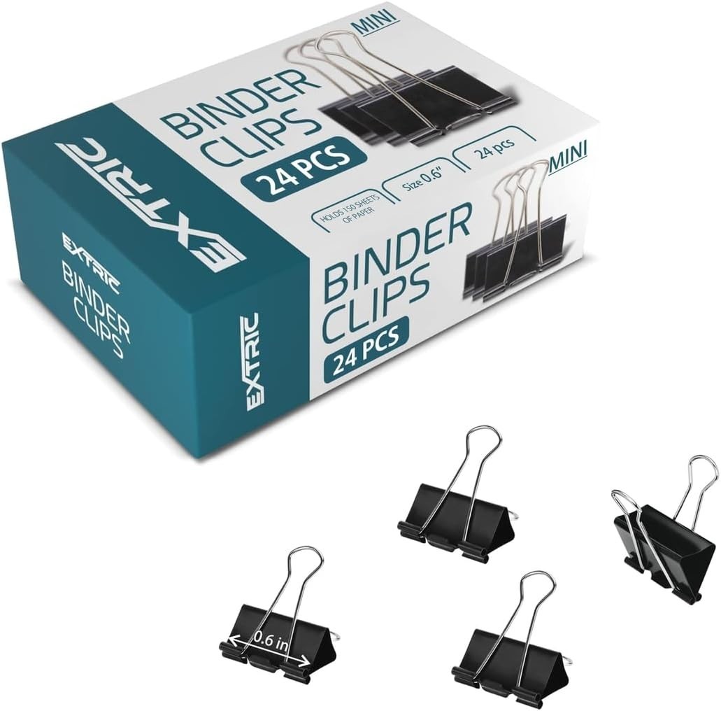 Mini Binder Clips 24 Pack Black Paper Clamps 0.6 Inch Tempered Steel Fasteners