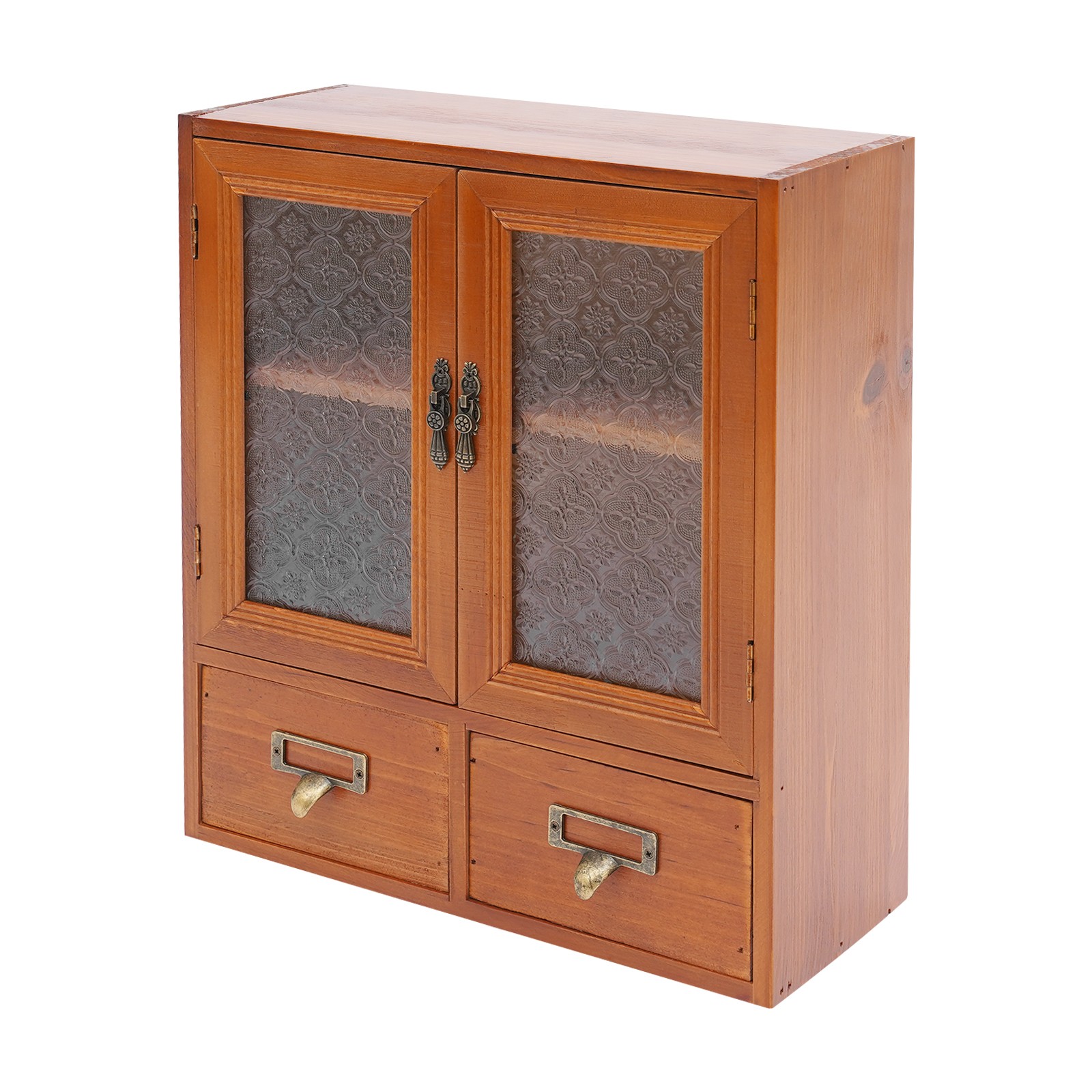 Vintage Tabletop Organizer with 2 Drawers & Glass Door Storage Cabinet Brown