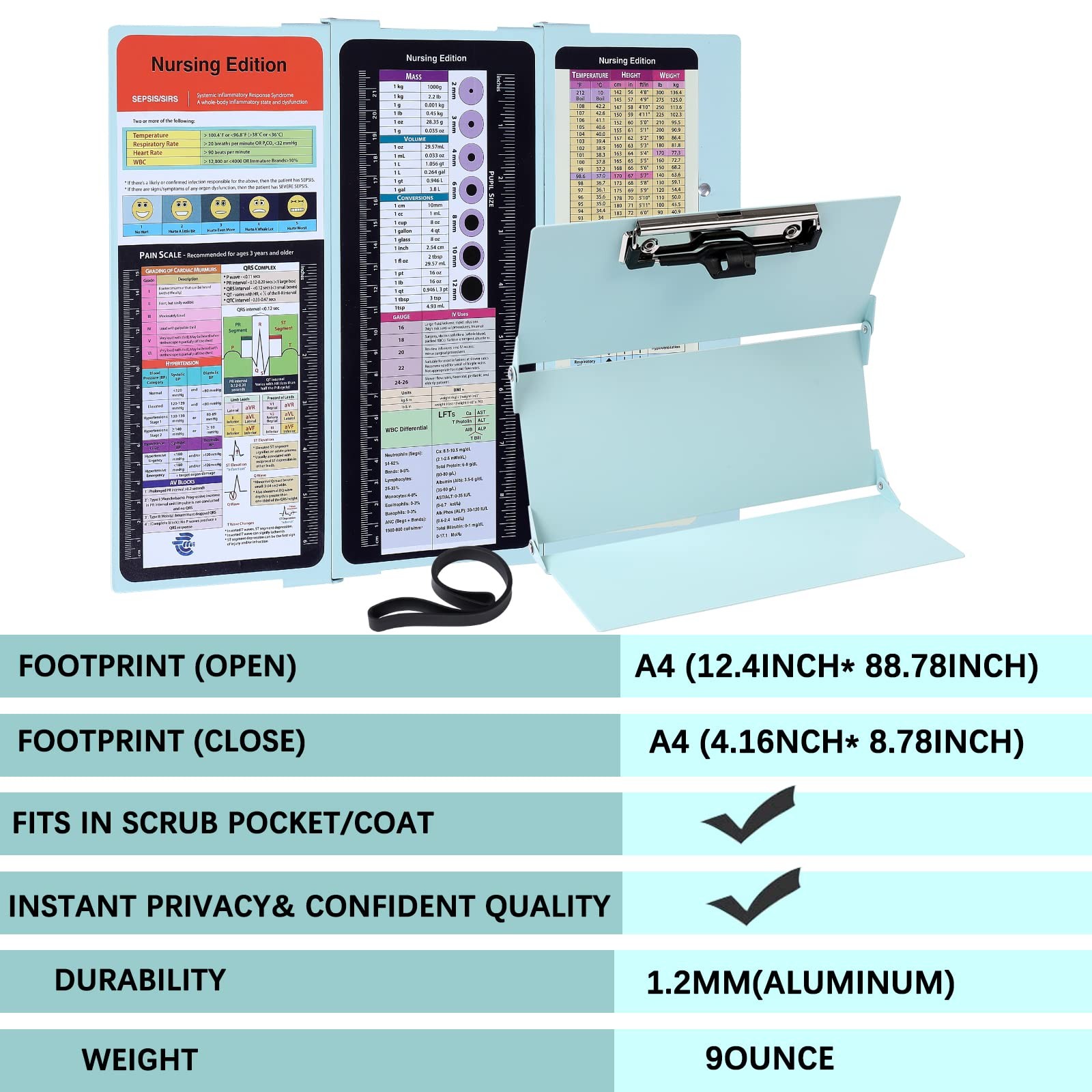 Nursing Clipboard Foldable Pocket Size-Nursing Edition Cheat Sheets Aluminum