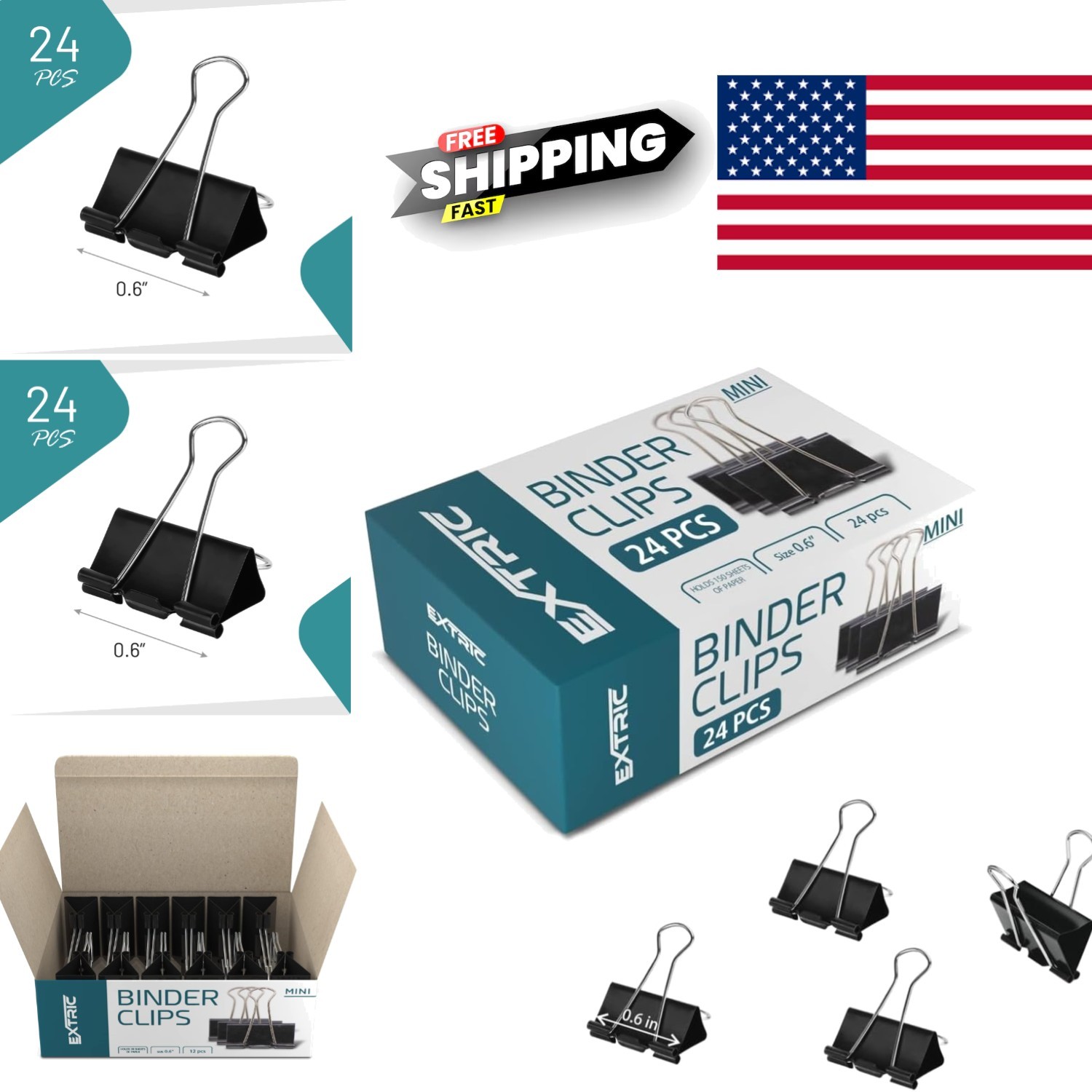 Mini Binder Clips 24 Pack Black Paper Clamps 0.6 Inch Tempered Steel Fasteners