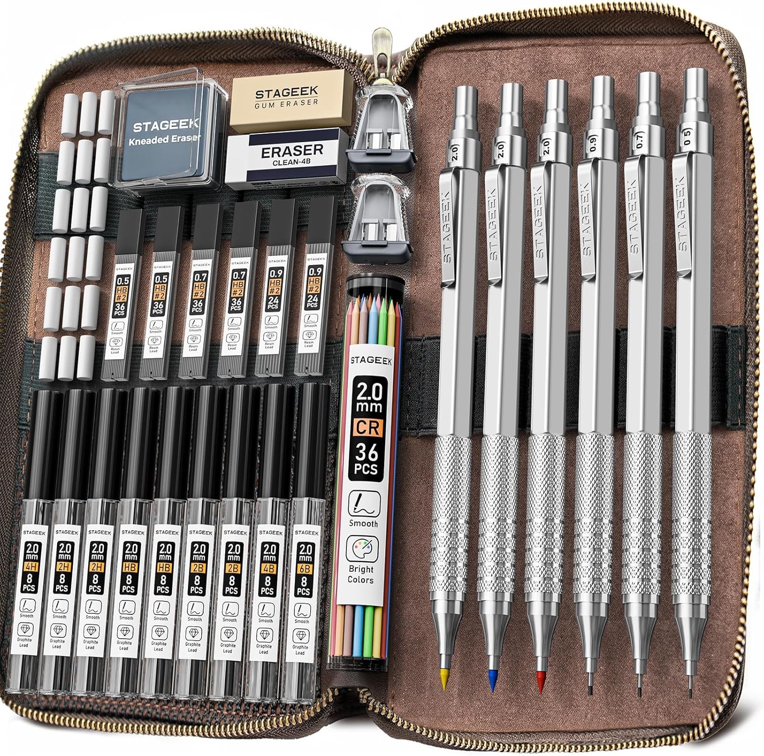 30PCS Silver Metal Mechanical Pencil Set in Leather Case, 0.5/0.7/0.9/2.0mm Art