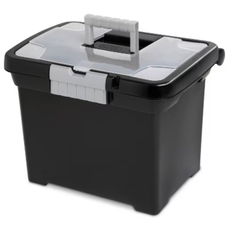 Medium Letter File Box Black: Plastic File Organizer with Handle & Clear Cover