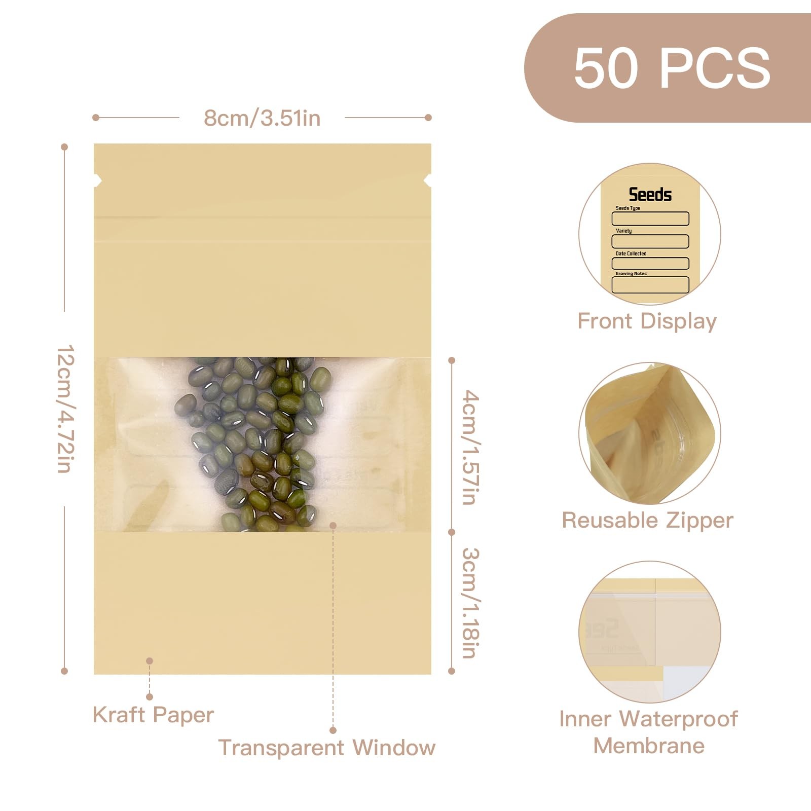 Seed Organizer Binder with 50 Pcs Resealable Seed Envelopes, 50 Storage Pockets
