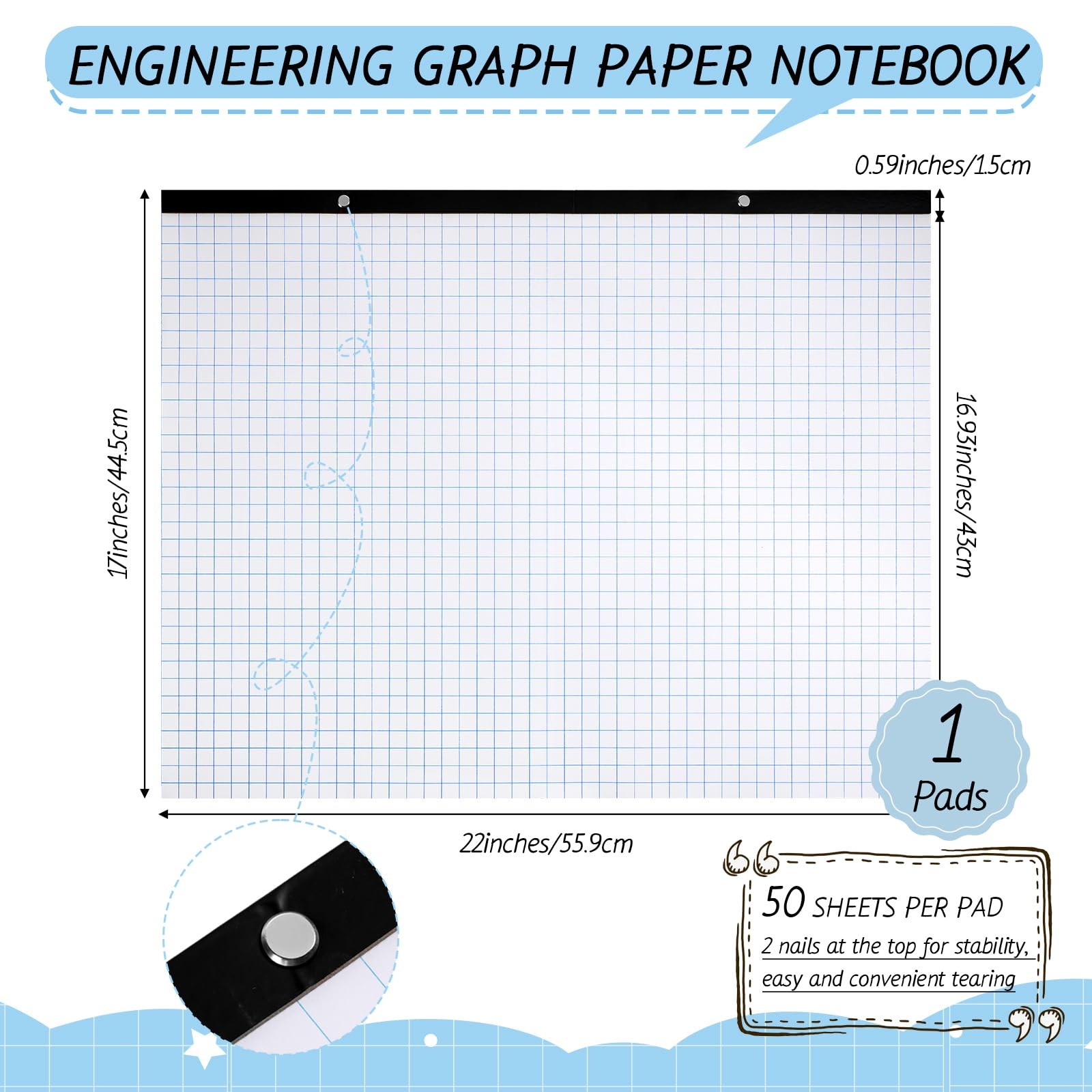 Fainne Large Engineering Graph Paper Pad 22”x17” Landscape White and Blue