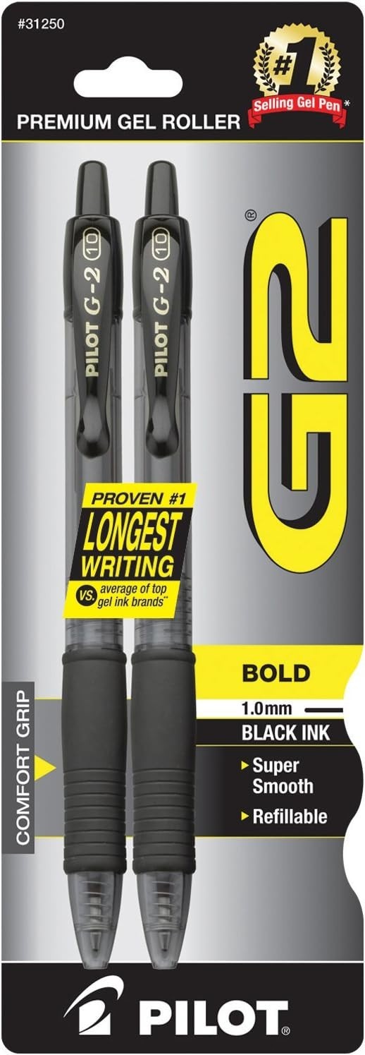 Pilot G2 Premium Retractable Gel Pens – Bold Point 1.0mm, Black Ink, 2-Pack