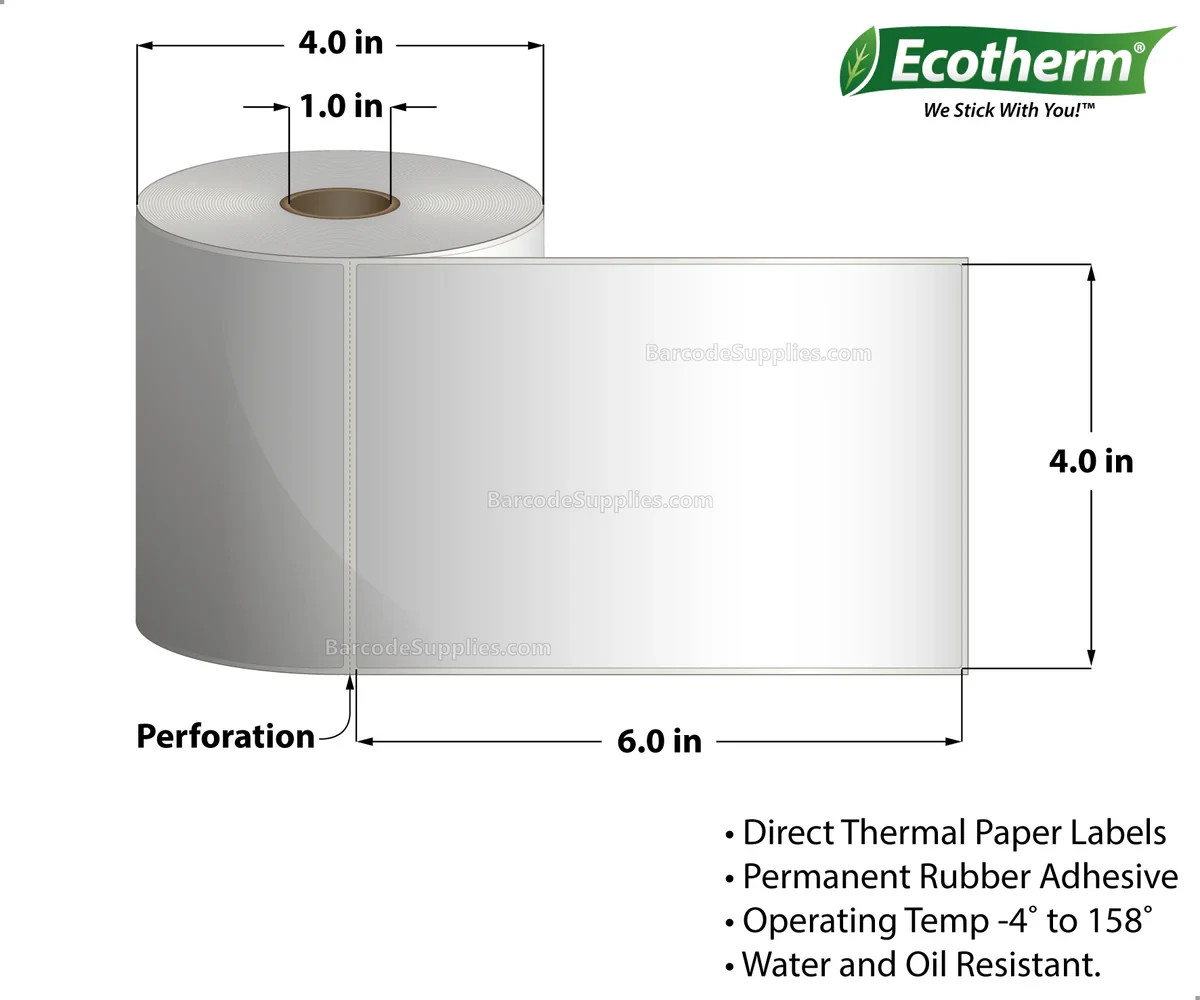 1100 EcoTherm 4×6 Thermal Shipping Labels for Zebra Rollo 1″ Core BPA Free 4″x6″