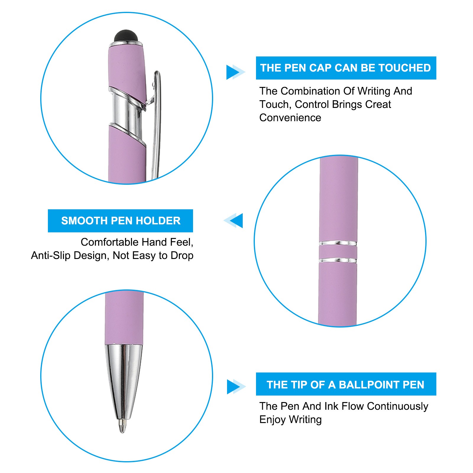 Ballpoint Pen with Stylus Tip, 6Pcs Metal Pen Stylus Pen Style 3, Light Purple