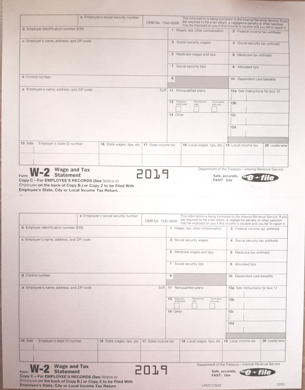 2019 IRS Tax Form W-2 Wage Stmts 10 employees LASER 6-pt +(2)W3 #TF5650 NO Env