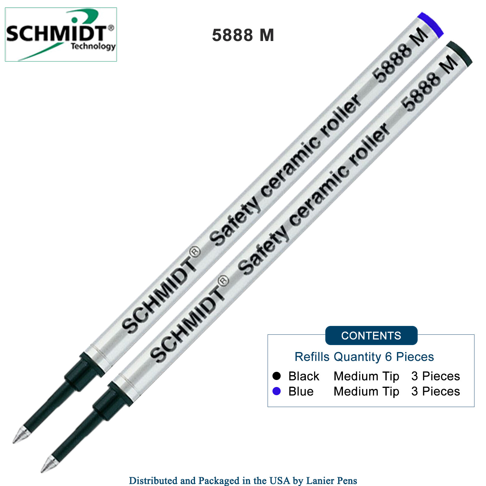 6X Schmidt 5888 M Safety Ceramic Rollerball Metal Refill Blue/Black Medium Tip