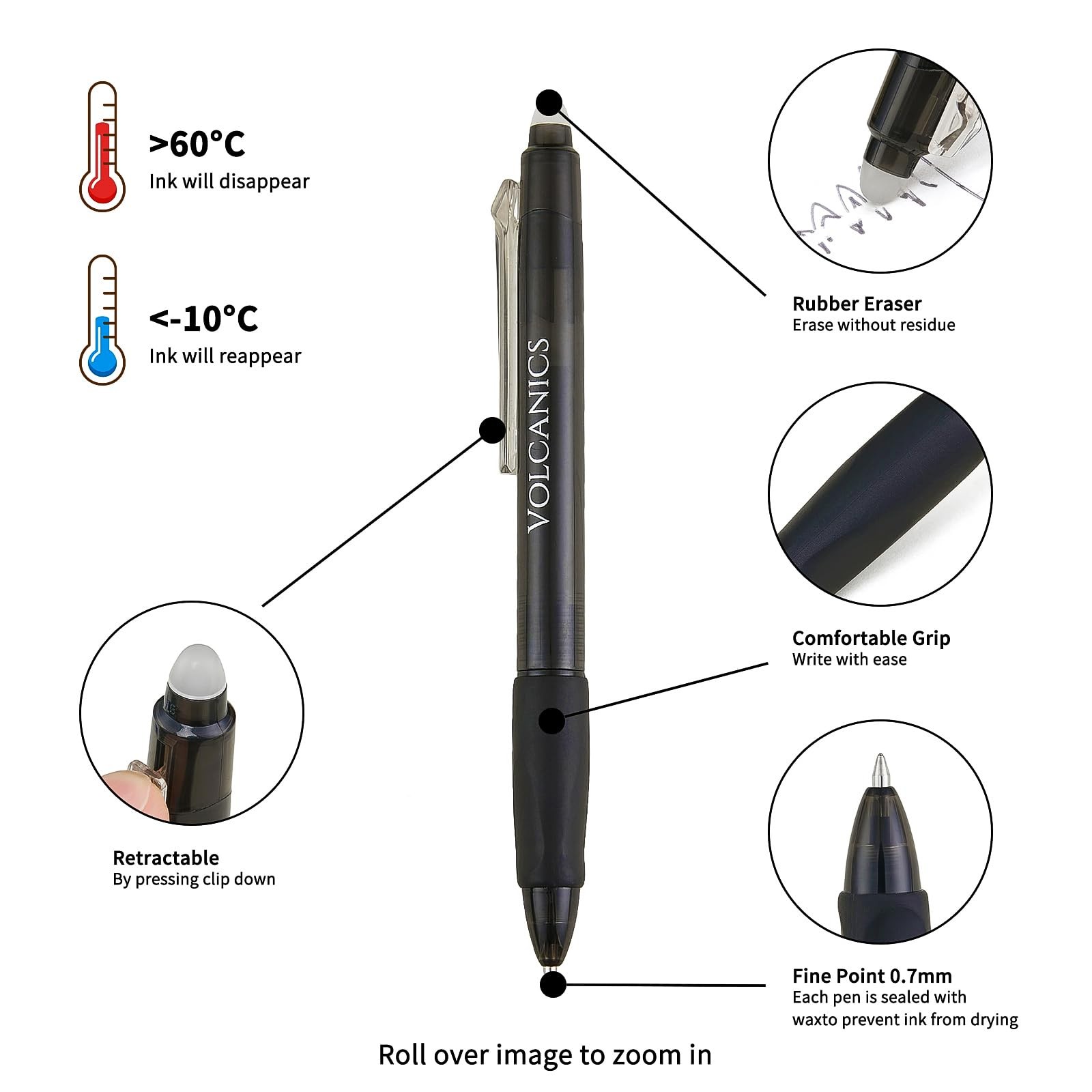 Volcanics Retractable Clicker Erasable 1 Count (Pack of 12), Blue and Black