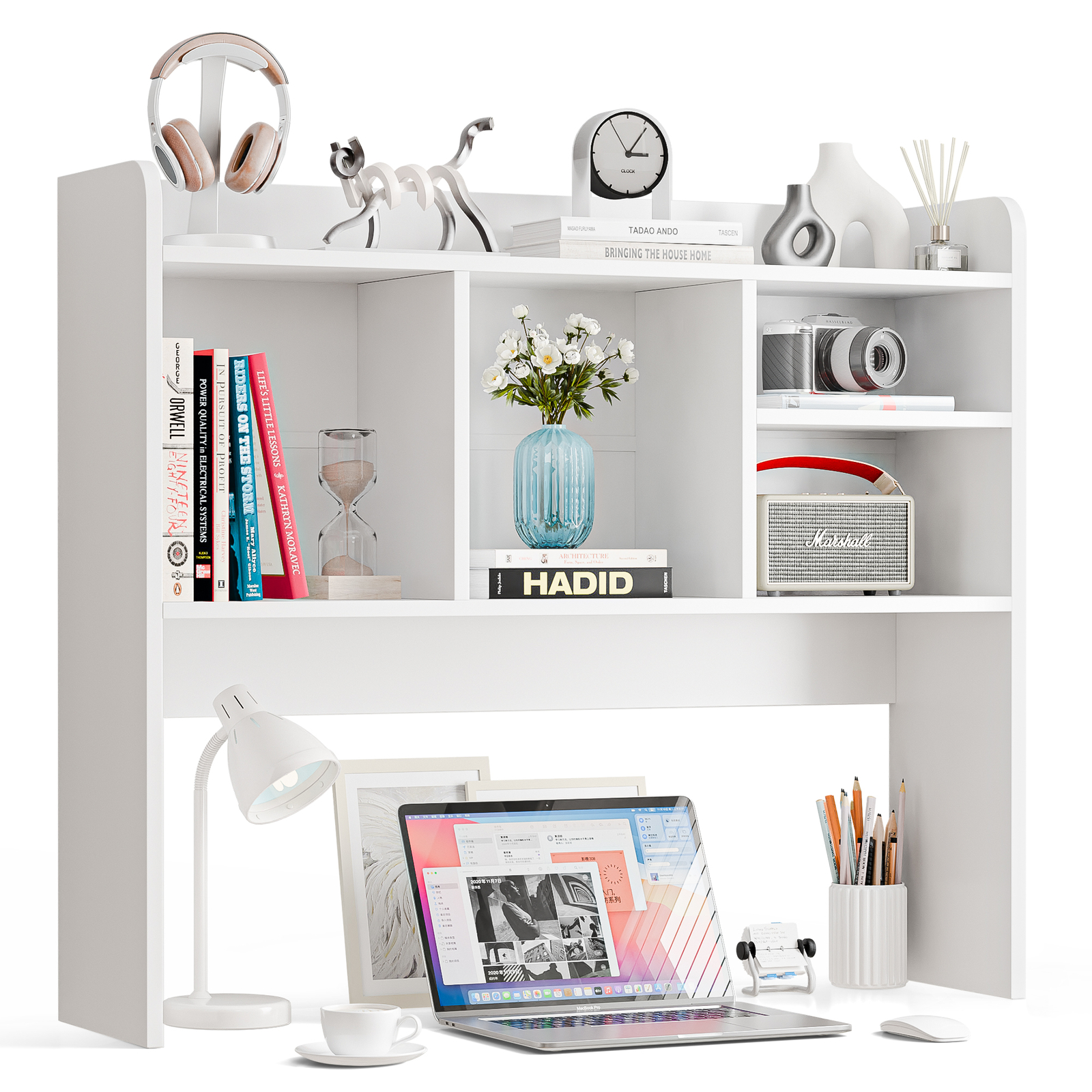 Desktop Bookshelf Countertop Storage Hutch w/ 5 Shelves for Computer Desk White