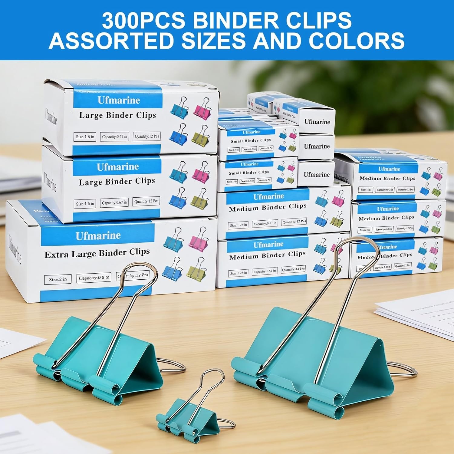 Tempered Steel Binder Clips in 300 Assorted Sizes – Rust-Resistant and Colorful