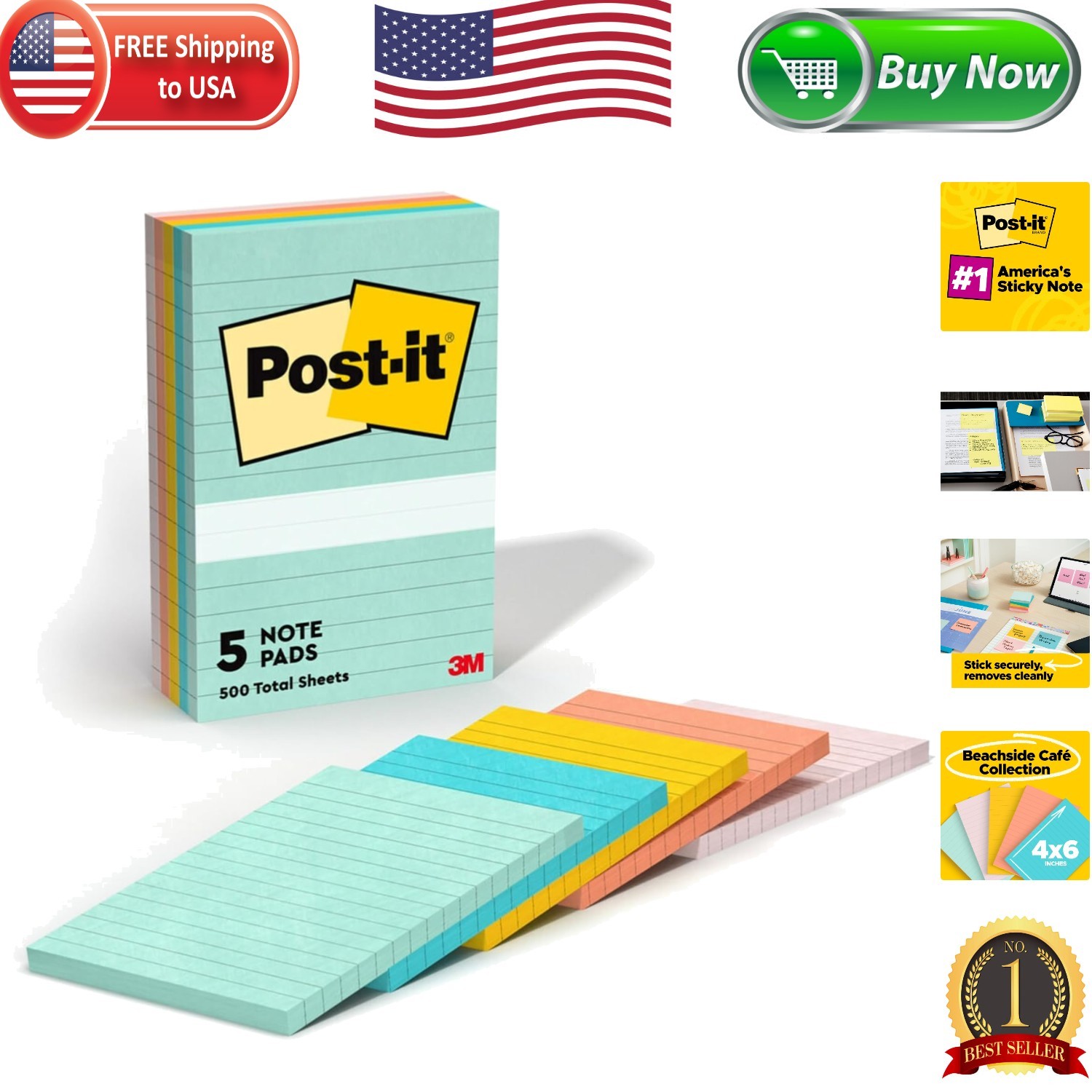 Beachside Café 4×6 Lined Sticky Notes – 5 Pads, 100 Sheets Each for Easy Orga…