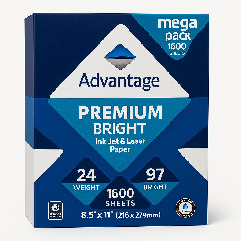 Advantage Premium Inkjet Laser Paper 8.5×11 24lb 97 Bright 1600 Sheets