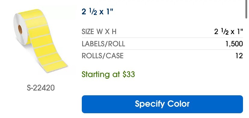 Uline 2.5×1 thermal labels(different colors, Green, Yellow, and Green