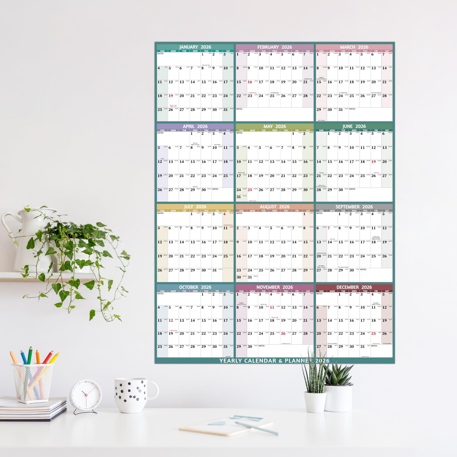 Yearly Wall Calendar 2026 – Large 2026 Vetical, multicolored