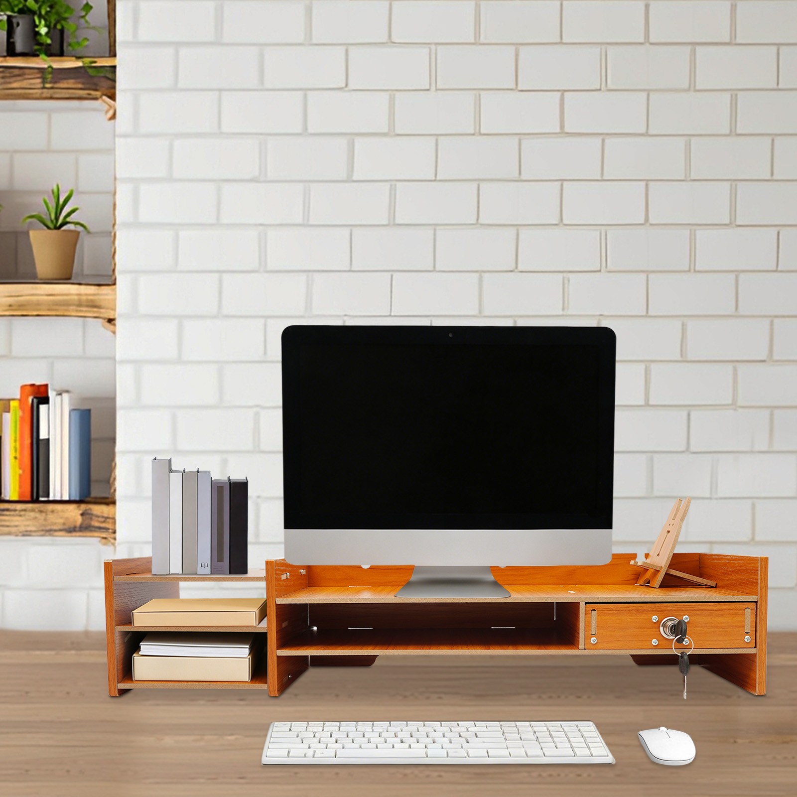 Wood Desk Organizer Office Home Computer Monitor Stand Holder Desktop Storage