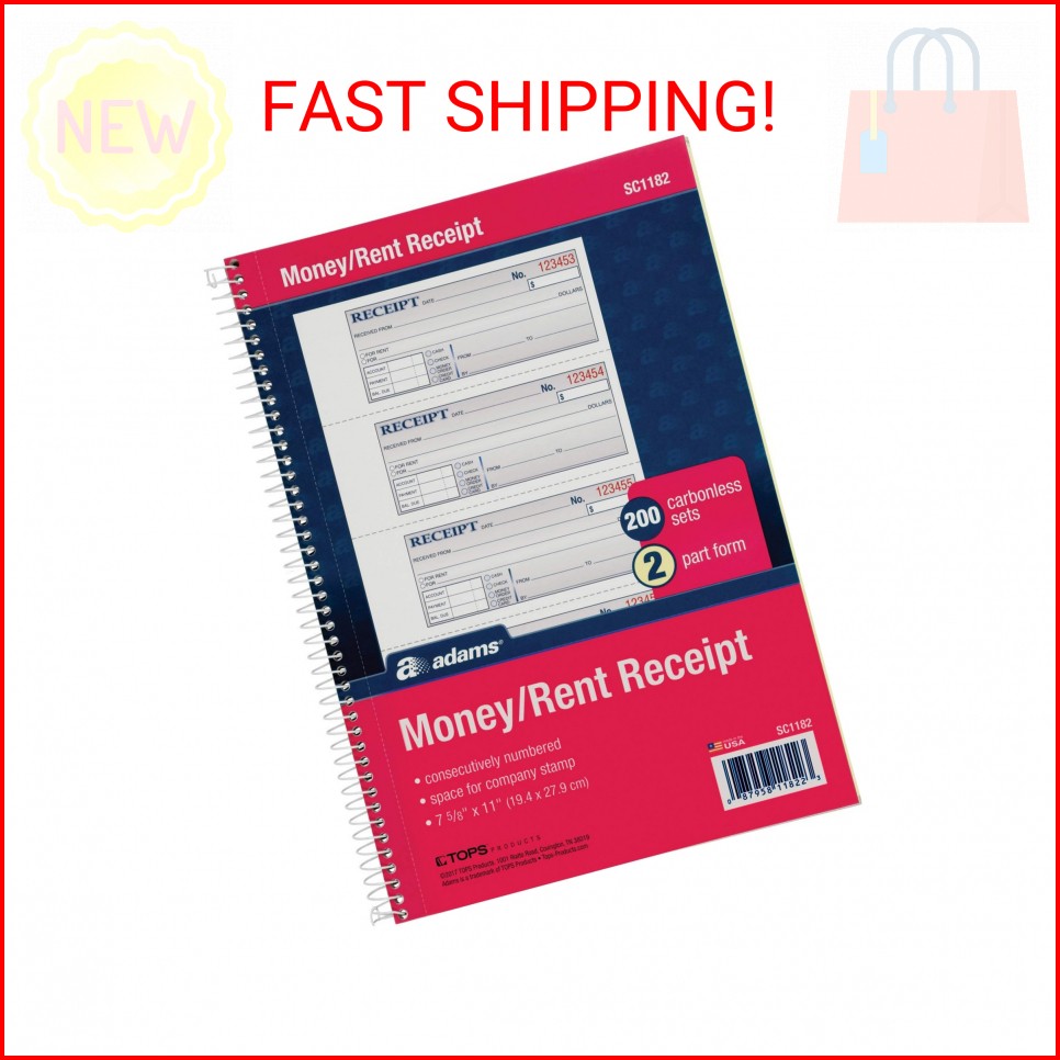 Adams Money and Rent Receipt Book, 2-Part Carbonless, 7-5/8″ x 11″, Spiral Bound