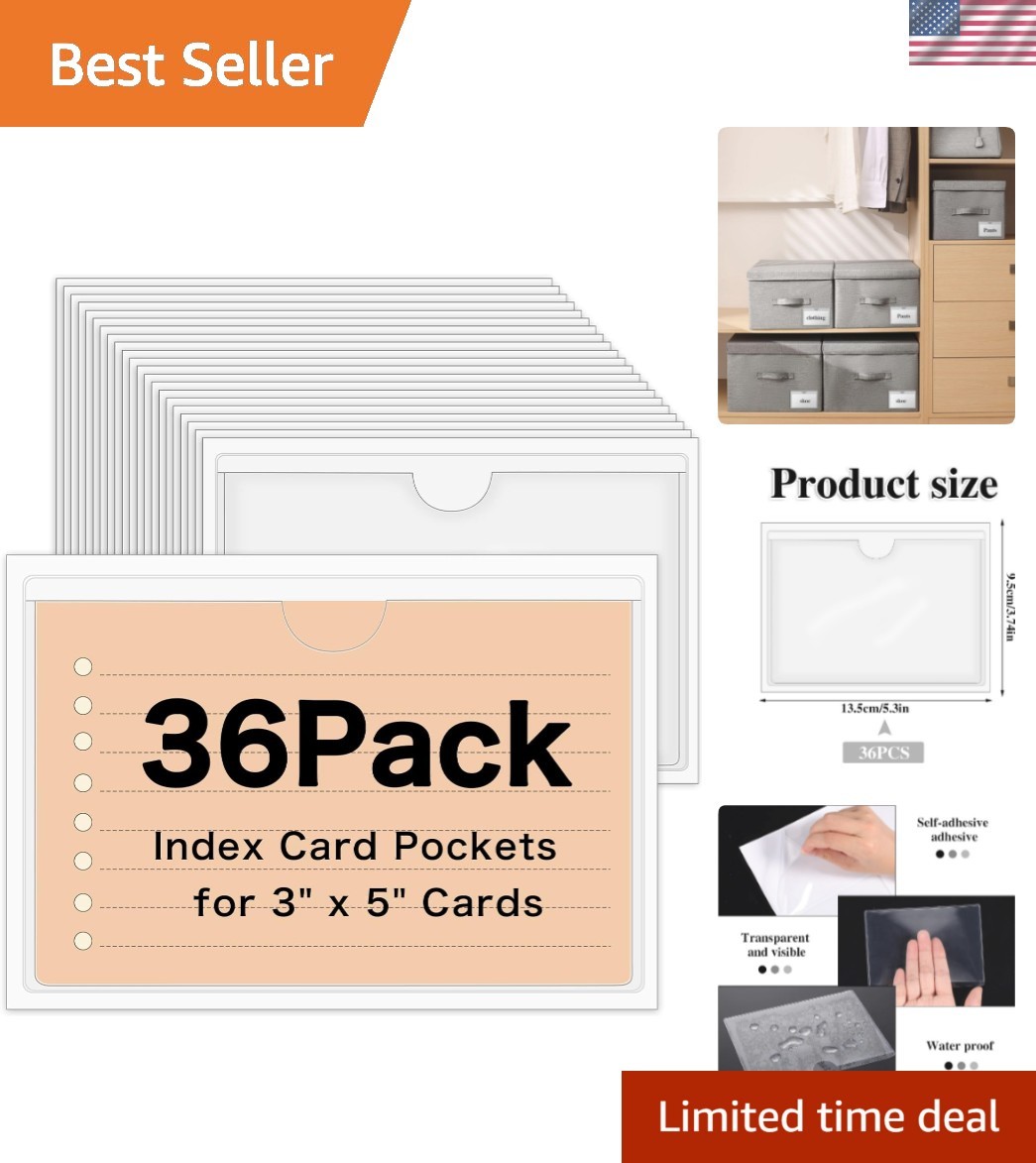 36 Pack 3″ x 5″ Index Card Holder Adhesive Plastic Label Holders Clear Tote B…