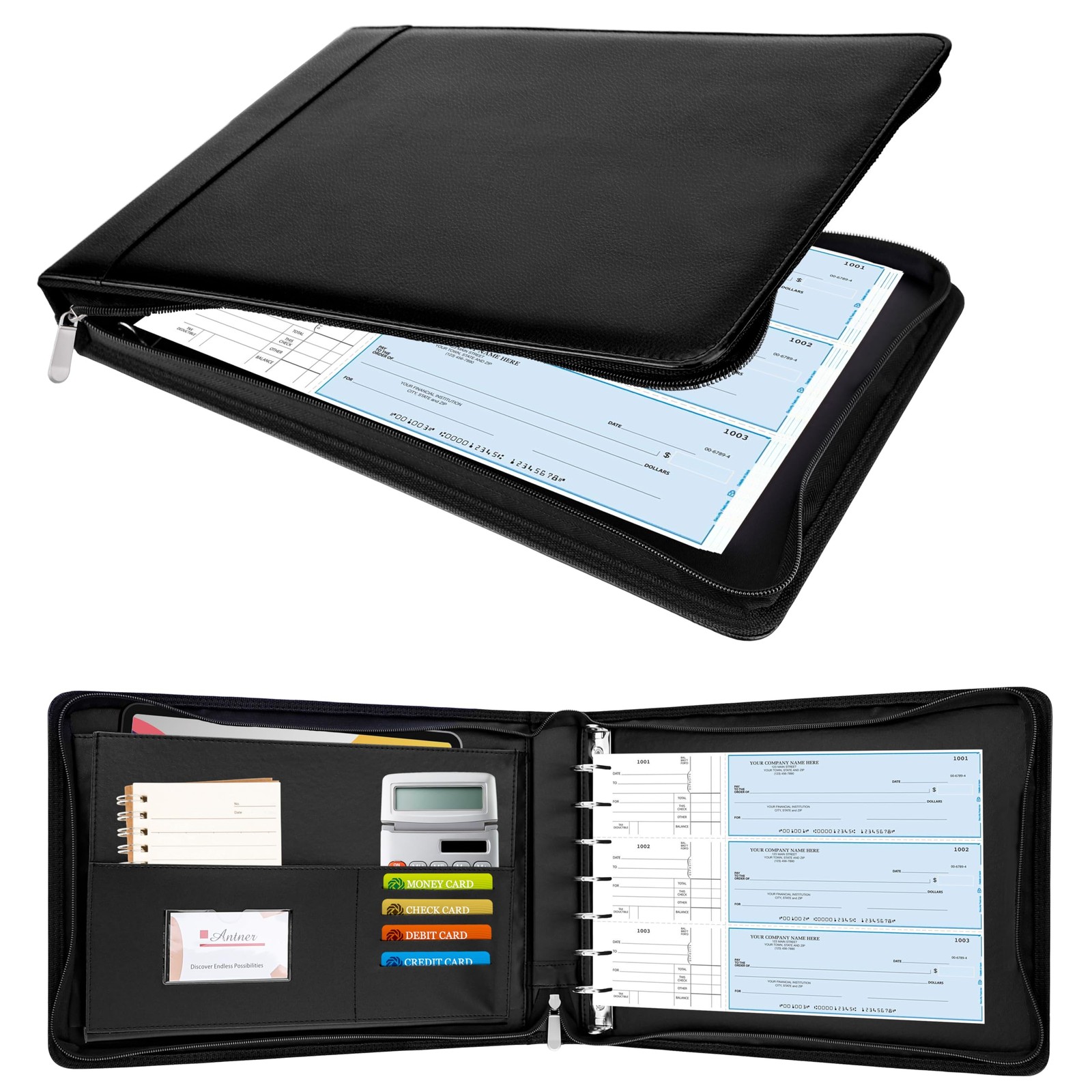 Antner Zippered 7 Ring Business Checkbook Binder Portfolio for Black