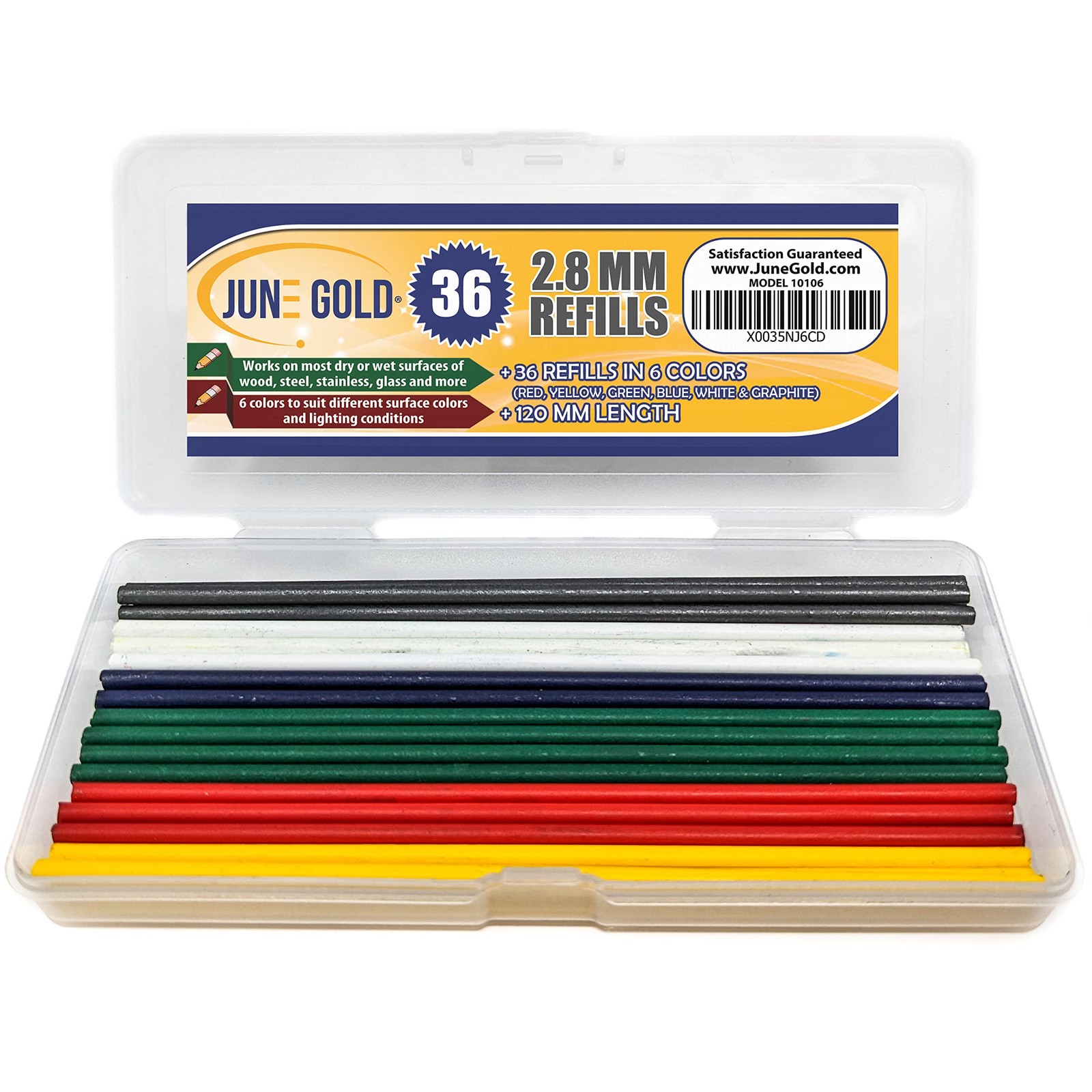 June Gold 36 Colored 2.8 mm Lead Refills, 6 1 Count (Pack of 36), Assorted