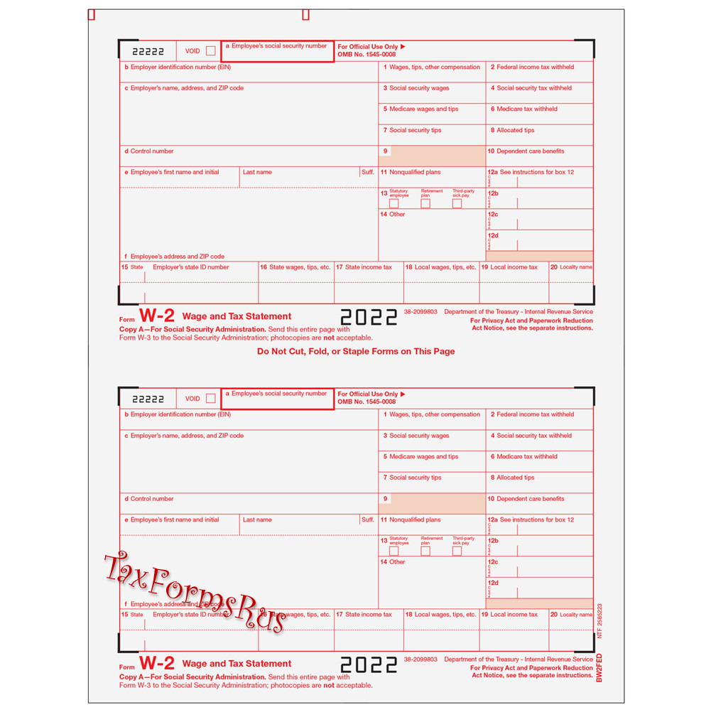 2022 IRS Tax Form W-2 Wage Stmts 10 employees LASER +(2)W3 #W2TRADS605 – NO Env