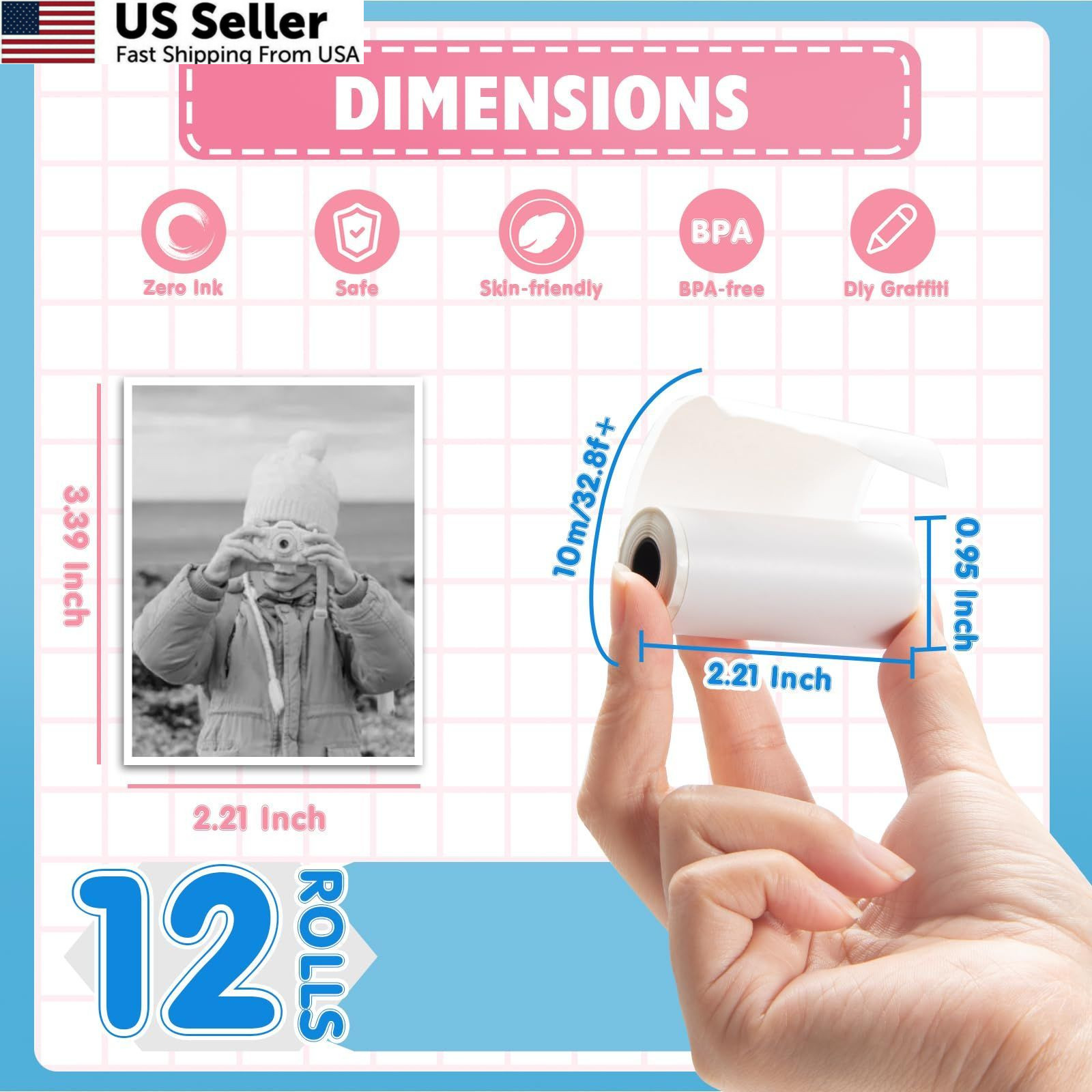 12 Rolls Mini Thermal Printer Sticker Paper, Kids Instant 12 Paper