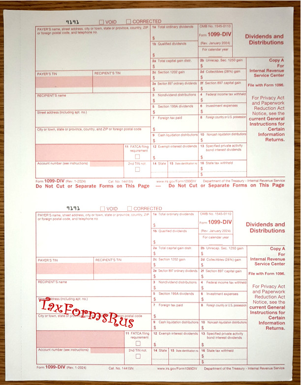2024 IRS Tax Form 1099-DIV single sheet set for 2 recipients NON-carbonless 4-pt